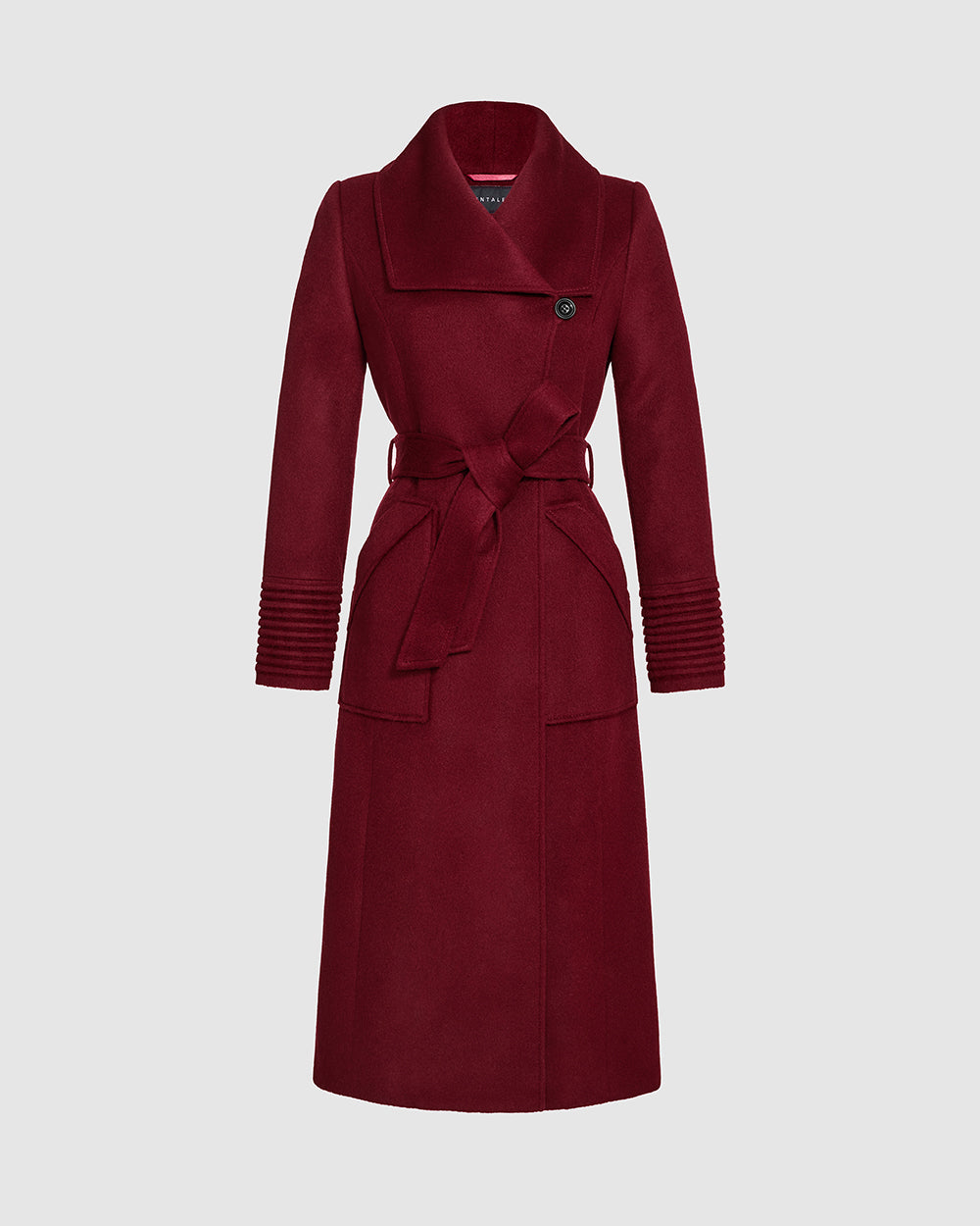 Sentaler Long Wide Collar Wrap Garnet Red Coat in Baby Alpaca wool. Seen as belted off figure.