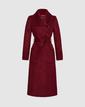 Sentaler garnet red long wrap coat made of baby alpaca wool with a wide collar, belted.