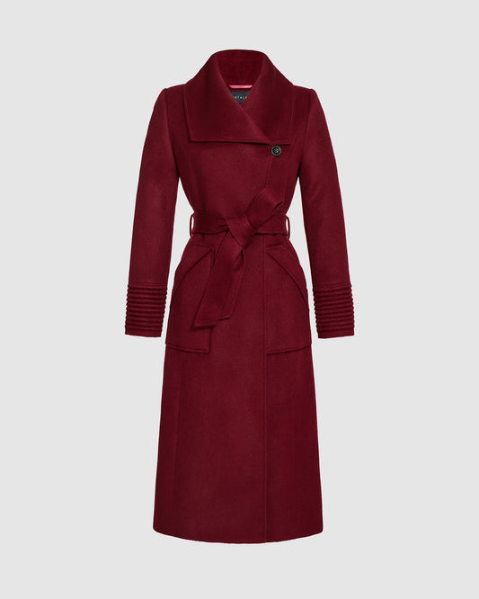 Sentaler garnet red long wrap coat made of baby alpaca wool with a wide collar, belted.