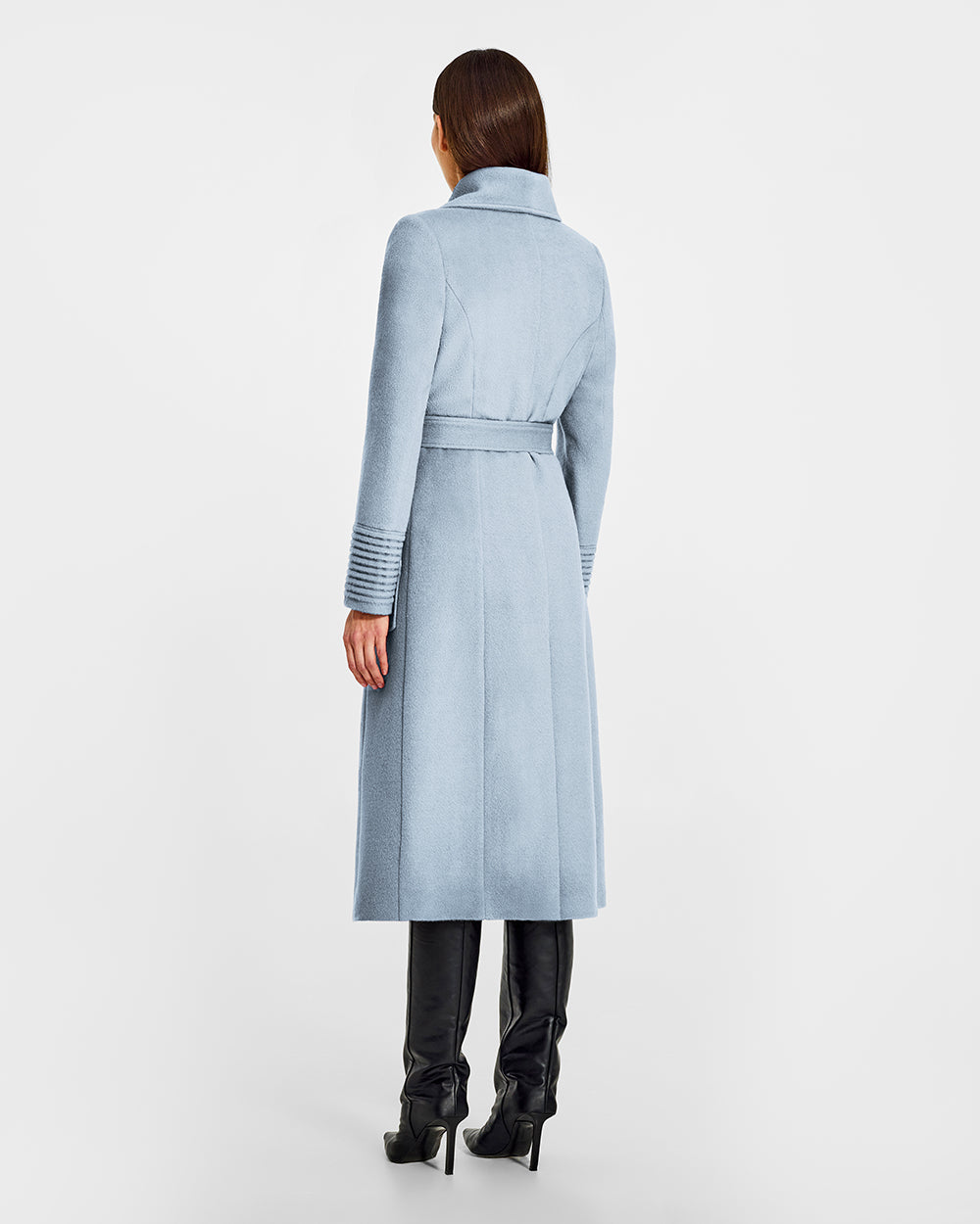 Sentaler Long Wide Collar Wrap Glacial Blue Coat in Baby Alpaca wool. Seen from back belted on female model.