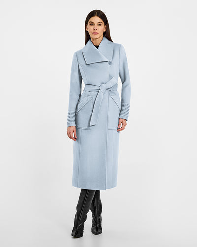 Sentaler Long Wide Collar Wrap Glacial Blue Coat in Baby Alpaca wool. Seen from front belted on female model.