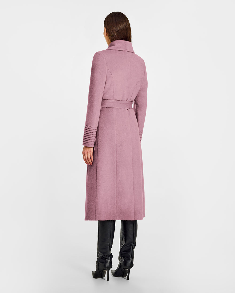 Sentaler Long Wide Collar Wrap Peony Pink Coat in Baby Alpaca wool. Seen from back belted on female model.