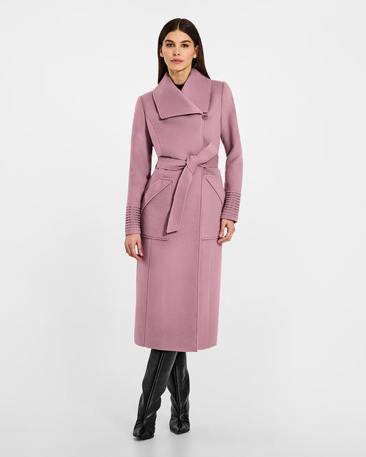 Sentaler Long Wide Collar Wrap Peony Pink Coat in Baby Alpaca wool. Seen from front belted on female model.