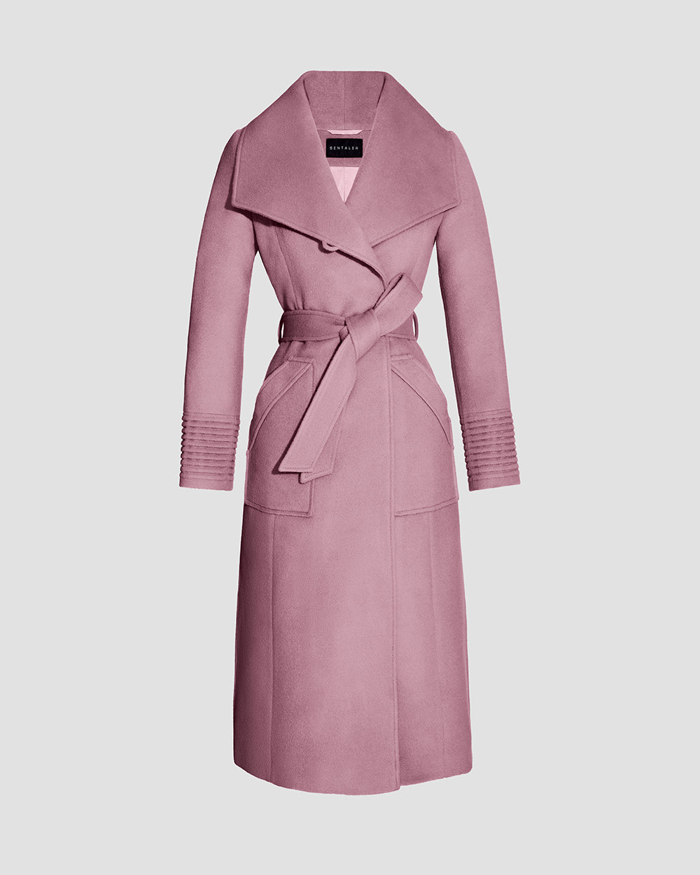 Sentaler Long Wide Collar Wrap Peony Pink Coat in Baby Alpaca wool. Seen as belted off figure.