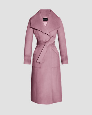 Sentaler peony pink long wrap coat made of baby alpaca wool with a wide collar, belted.