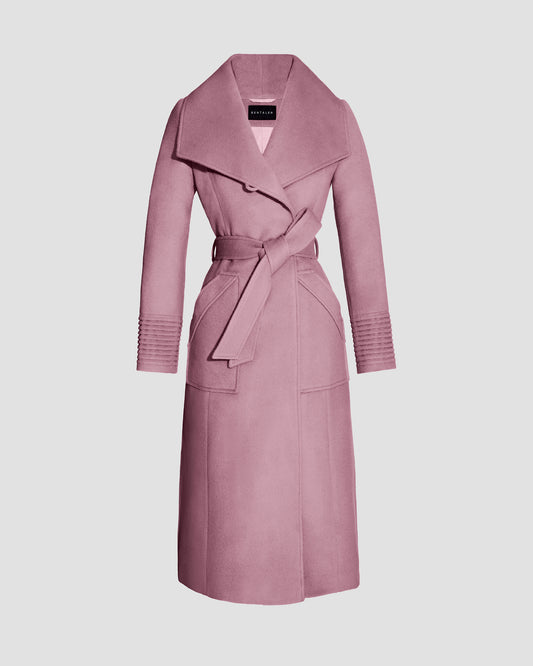 Sentaler peony pink long wrap coat made of baby alpaca wool with a wide collar, belted.
