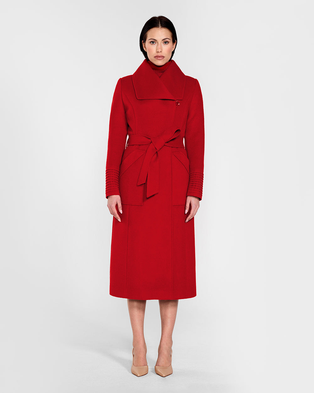 Sentaler Long Wide Collar Wrap Scarlet Red Coat in Baby Alpaca wool. Seen from front belted on female model.