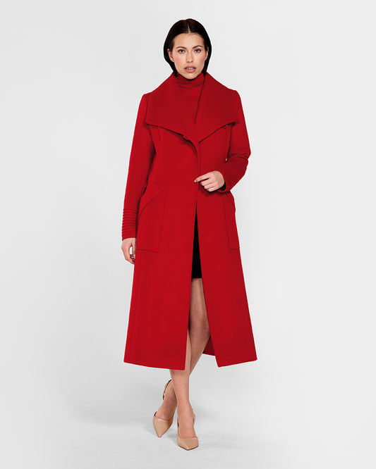 Sentaler Long Wide Collar Wrap Scarlet Red Coat in Baby Alpaca wool. Seen from front open on female model.