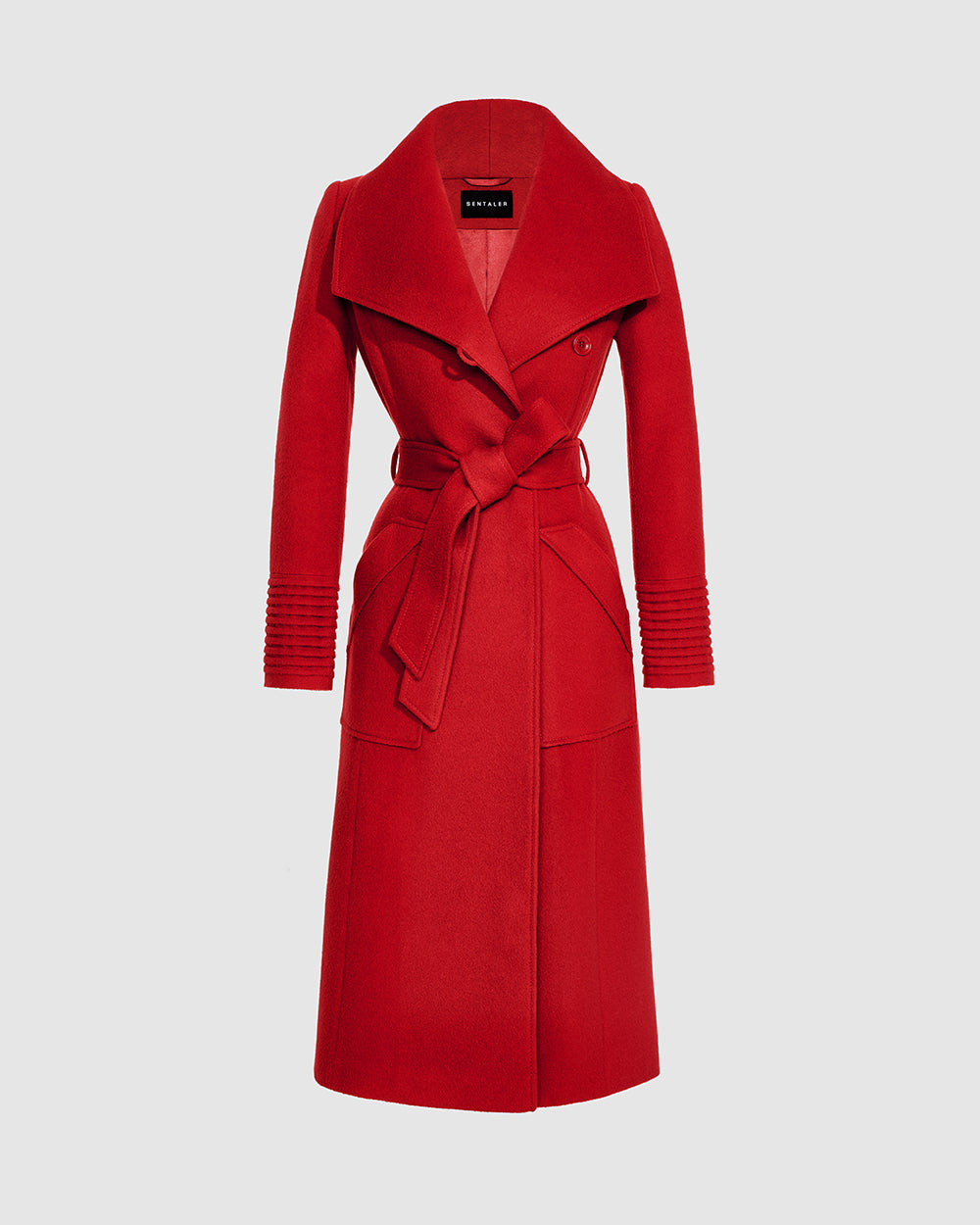 Sentaler Long Wide Collar Wrap Scarlet Red Coat in Baby Alpaca wool. Seen as belted off figure.