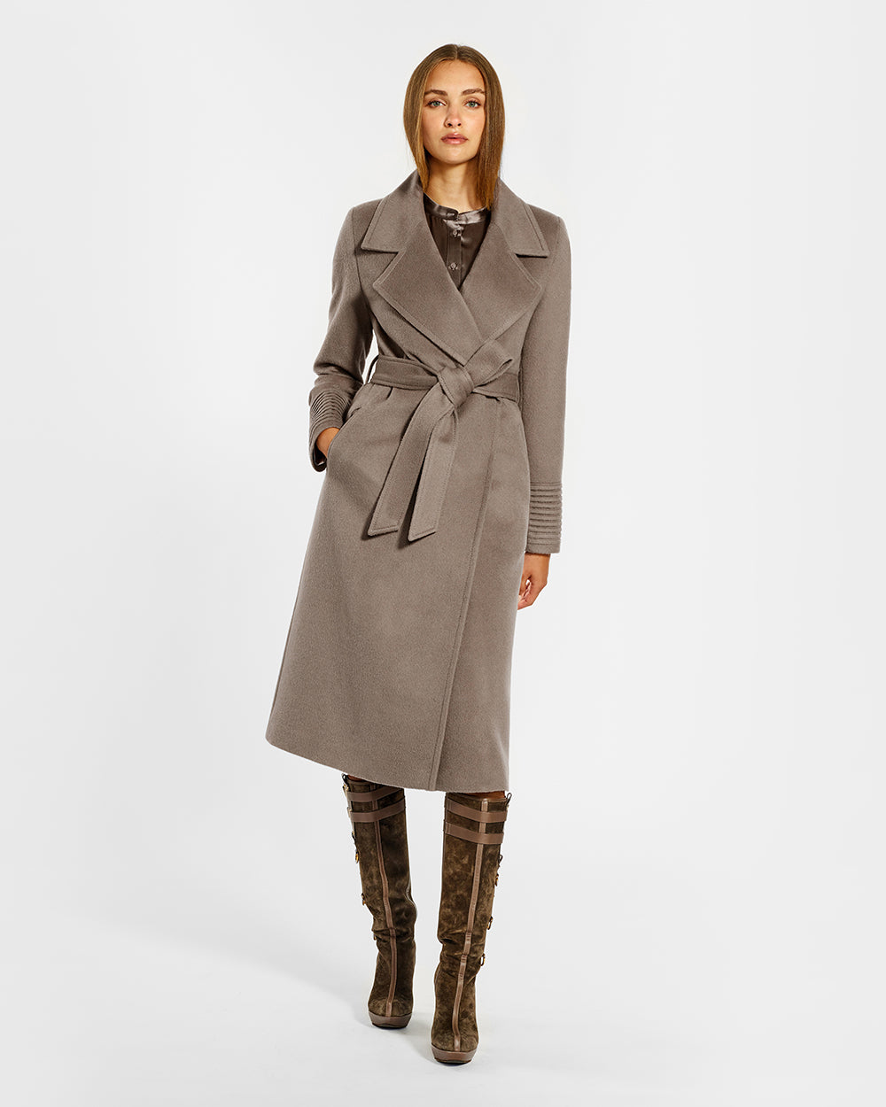 Sentaler Long Wide Notched Collar Wrap Warm Taupe Coat in Baby Alpaca wool. Seen from front belted on female model.