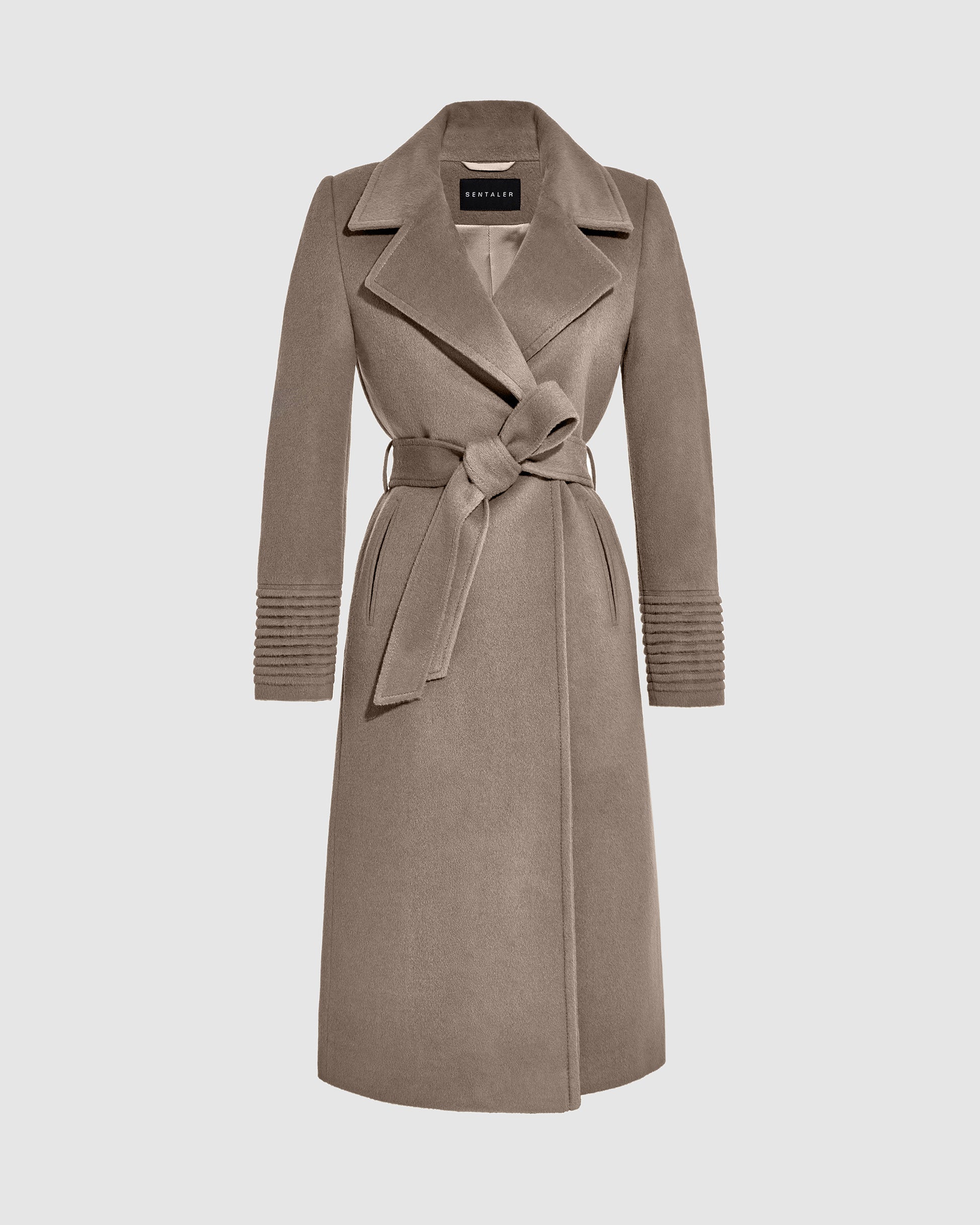 Sentaler warm taupe long coat made of baby alpaca wool with a wide notched collar, belted.