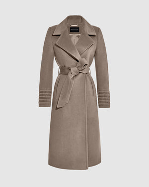 Sentaler warm taupe long coat made of baby alpaca wool with a wide notched collar, belted.