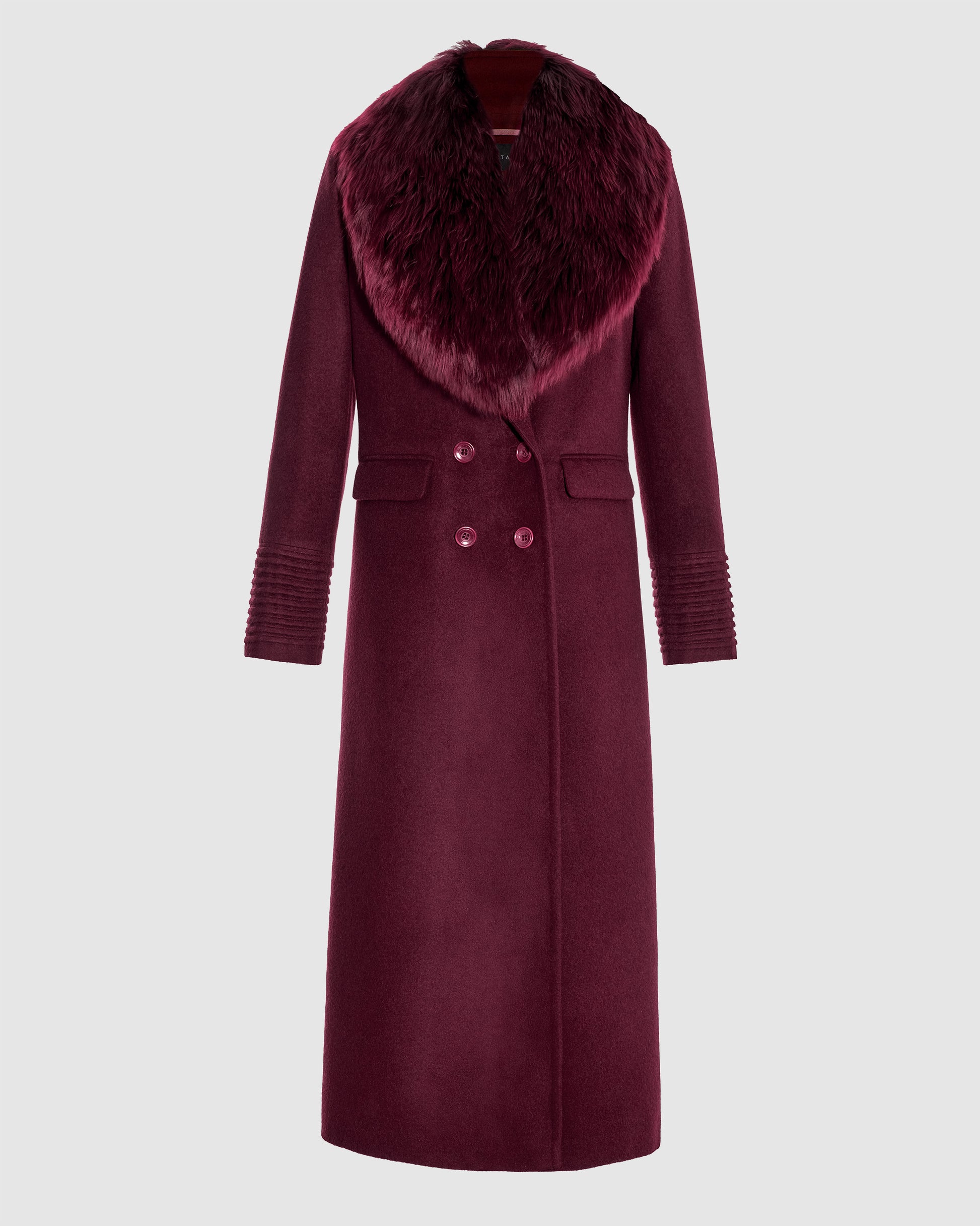 Sentaler cherry lacquer double breasted maxi coat made of baby alpaca wool with alpaca shearling collar, buttoned.