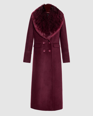 Sentaler cherry lacquer double breasted maxi coat made of baby alpaca wool with alpaca shearling collar, buttoned.