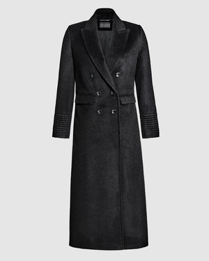 Sentaler black double breasted maxi coat made of baby alpaca wool with a peak collar, buttoned.
