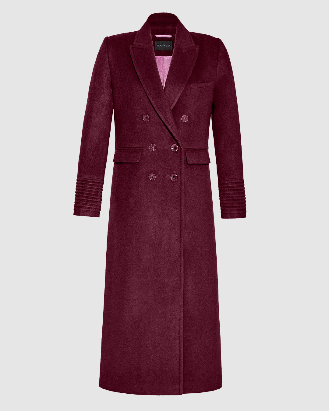 Sentaler cherry lacquer double breasted maxi coat made of baby alpaca wool with a peak collar, buttoned.