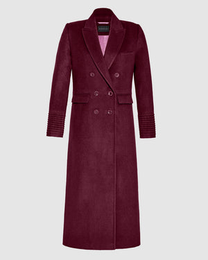 Sentaler cherry lacquer double breasted maxi coat made of baby alpaca wool with a peak collar, buttoned.