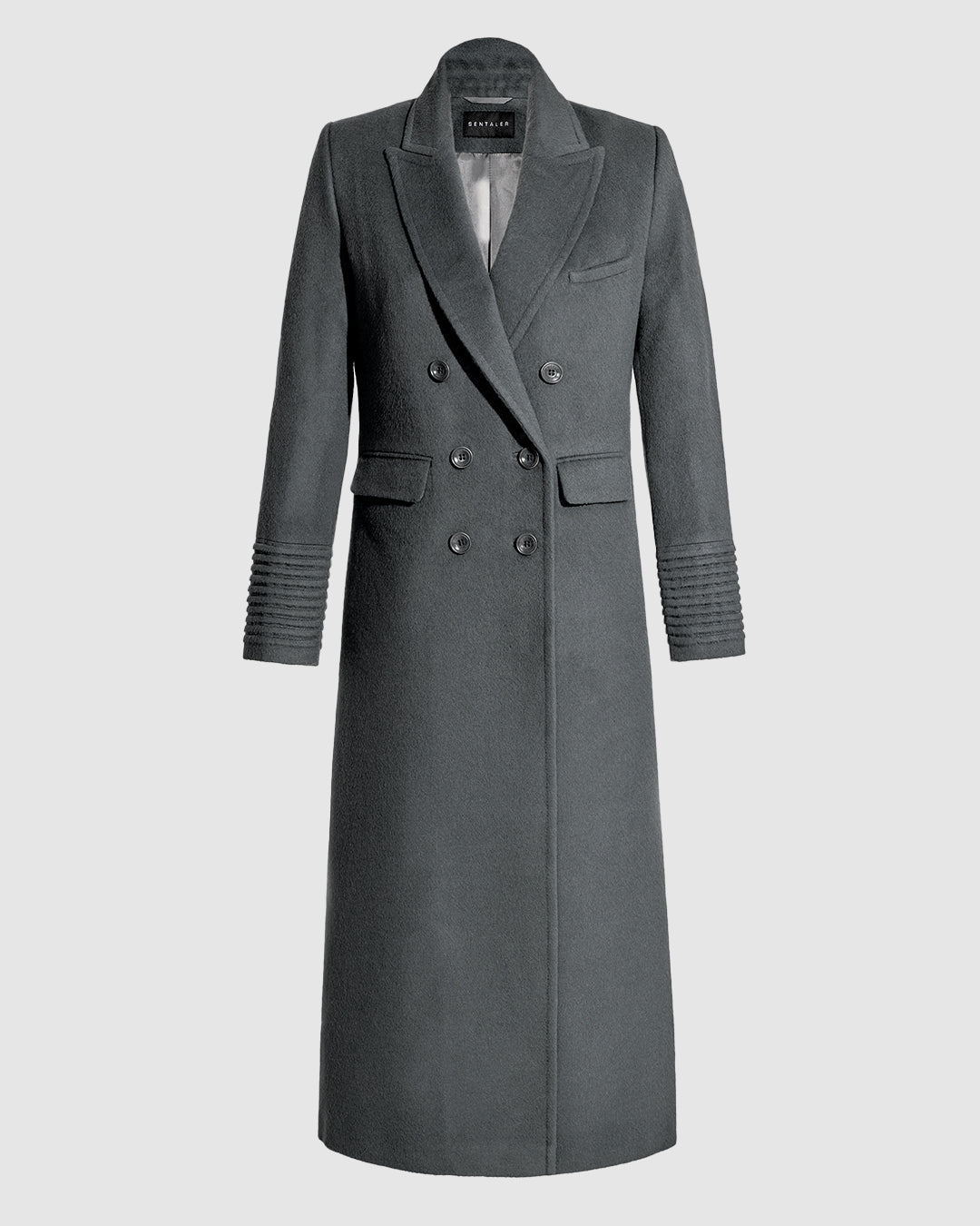 Sentaler graphite grey double breasted maxi coat made of baby alpaca wool with a peak collar, buttoned.