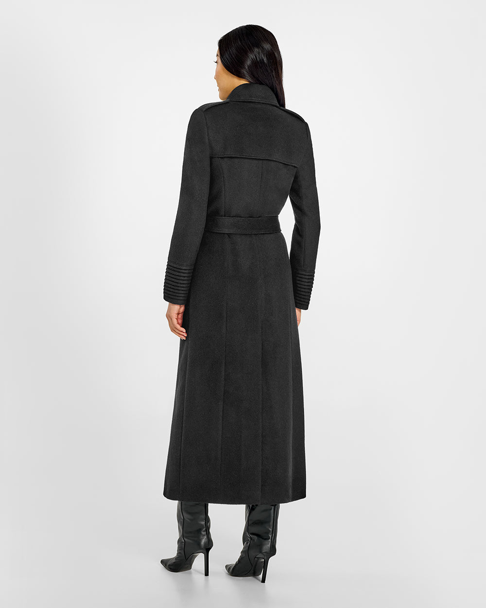 Sentaler Maxi Trench Black Coat in Baby Alpaca wool. Seen from back belted on female model.