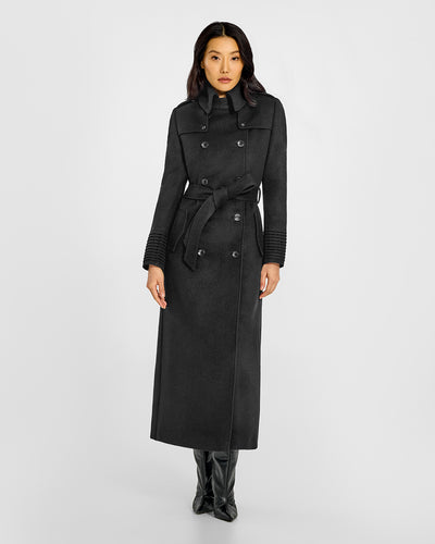 Sentaler Maxi Trench Black Coat in Baby Alpaca wool. Seen from front belted on female model.