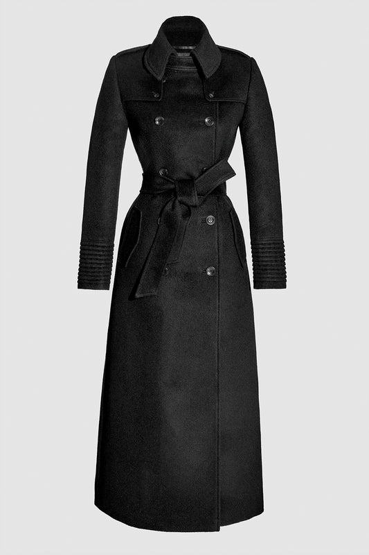 Sentaler Maxi Trench Black Coat in Baby Alpaca wool. Seen as belted off figure.