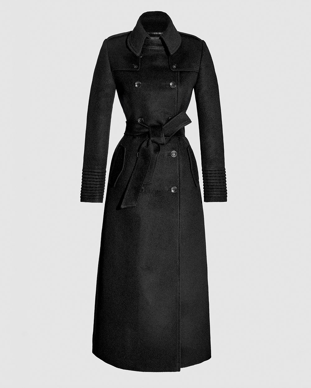 Sentaler Maxi Trench Black Coat in Baby Alpaca wool. Seen as belted off figure.