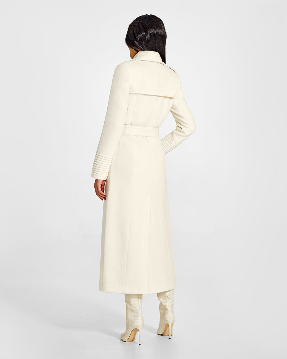 Sentaler Maxi Trench Ivory Coat in Baby Alpaca wool. Seen from back belted on female model.