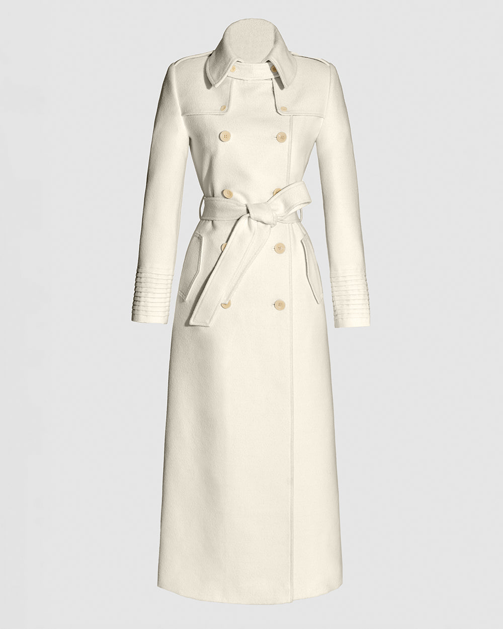 Sentaler Maxi Trench Ivory Coat in Baby Alpaca wool. Seen as belted off figure.