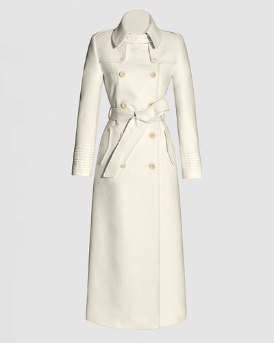 Sentaler Maxi Trench Ivory Coat in Baby Alpaca wool. Seen as belted off figure.