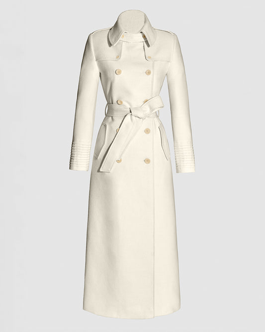 Sentaler Maxi Trench Ivory Coat in Baby Alpaca wool. Seen as belted off figure.