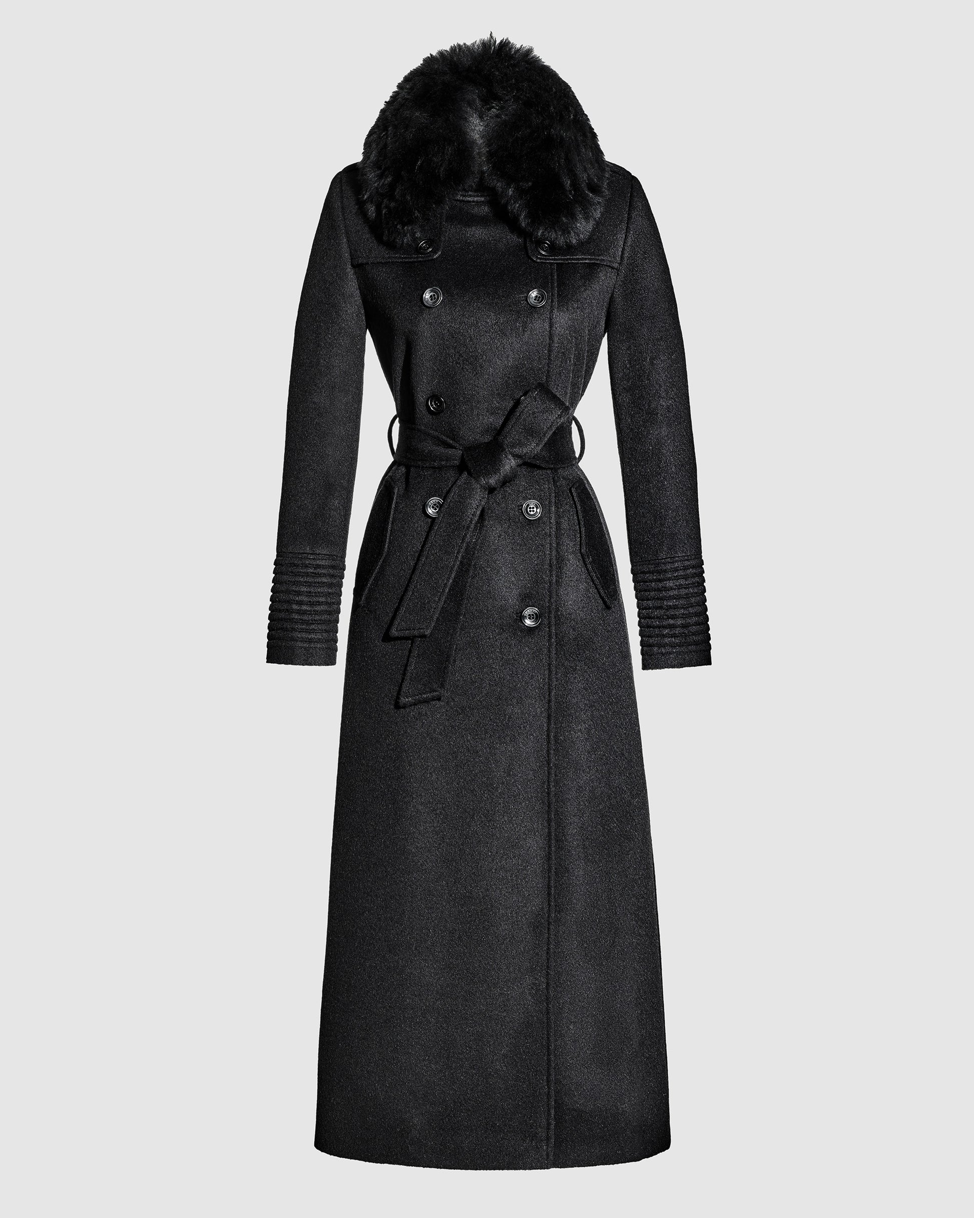 Sentaler maxi black trench coat made of baby alpaca wool with shearling collar, belted.