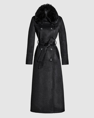 Sentaler maxi black trench coat made of baby alpaca wool with shearling collar, belted.