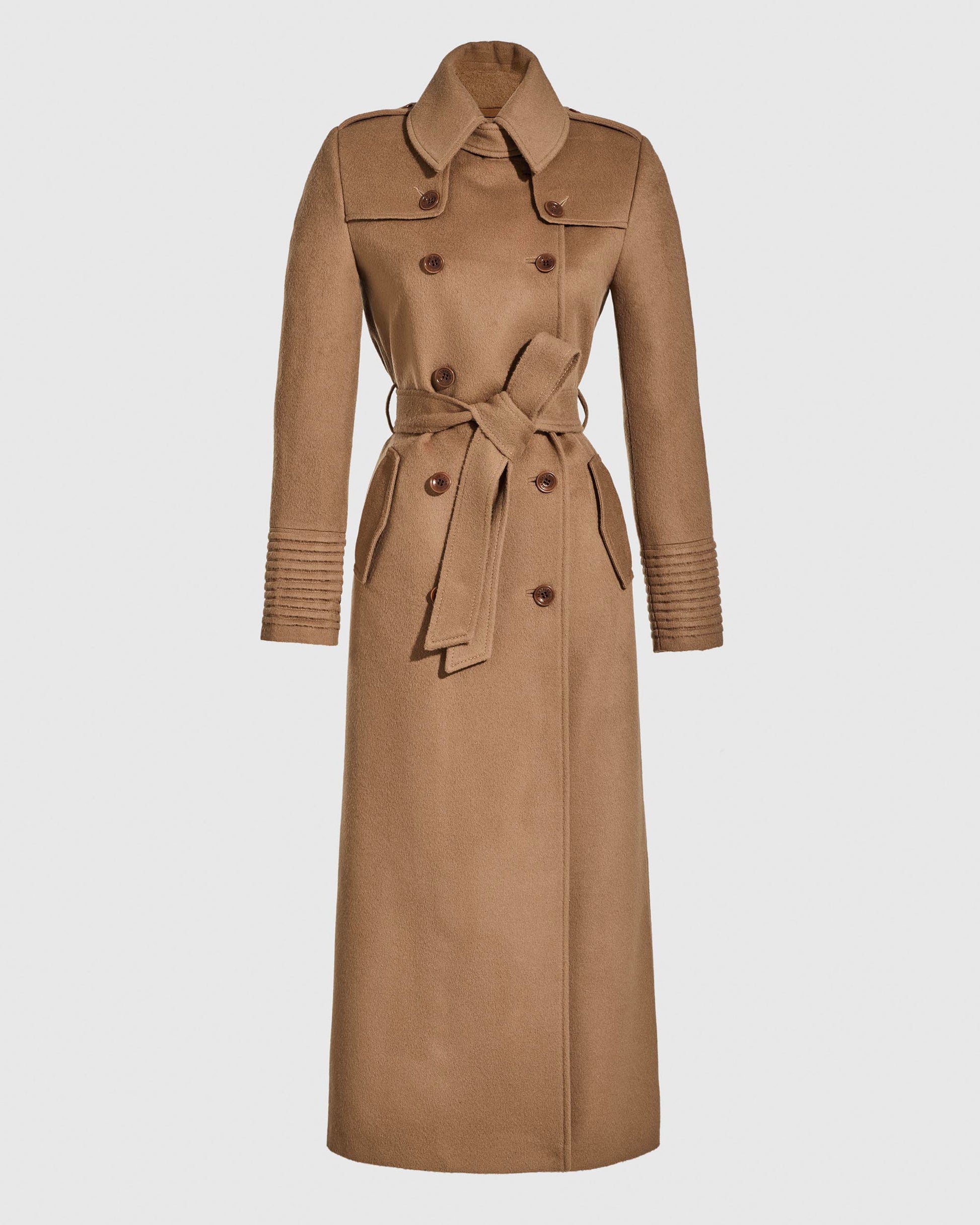 Sentaler maxi dark camel trench coat in baby alpaca wool, shown buttoned and belted.