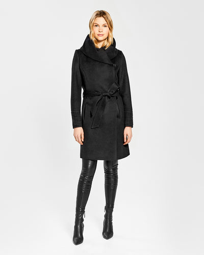 Sentaler Mid Length Hooded Wrap Black Coat in Baby Alpaca wool. Seen from front belted on female model.