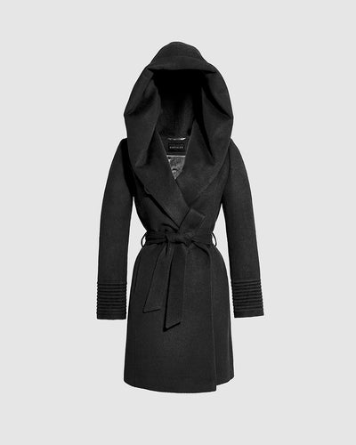 Sentaler Mid Length Hooded Wrap Black Coat in Baby Alpaca wool. Seen as belted off figure with hood.