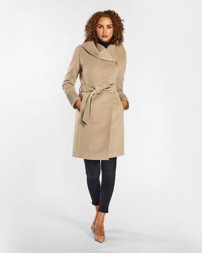 Sentaler Mid Length Hooded Wrap Camel Coat in Baby Alpaca wool. Seen from front belted on female model.