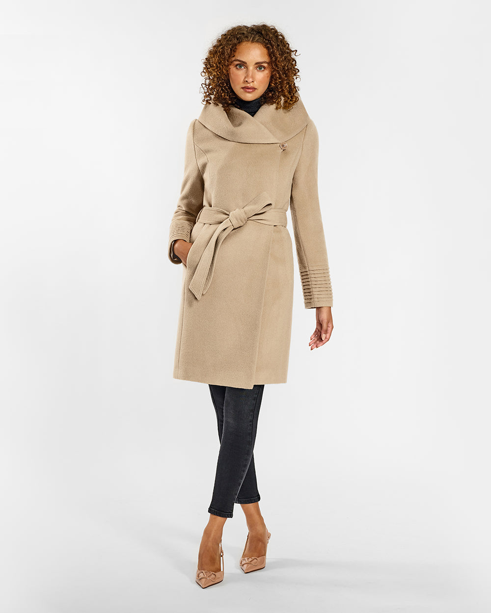 Sentaler Mid Length Hooded Wrap Camel Coat in Baby Alpaca wool. Seen from front belted on female model.