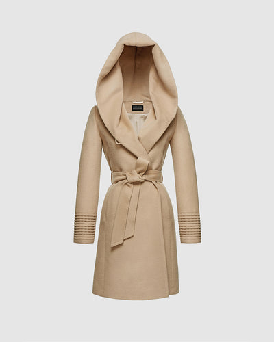 Sentaler Mid Length Hooded Wrap Camel Coat in Baby Alpaca wool. Seen as belted off figure with hood.