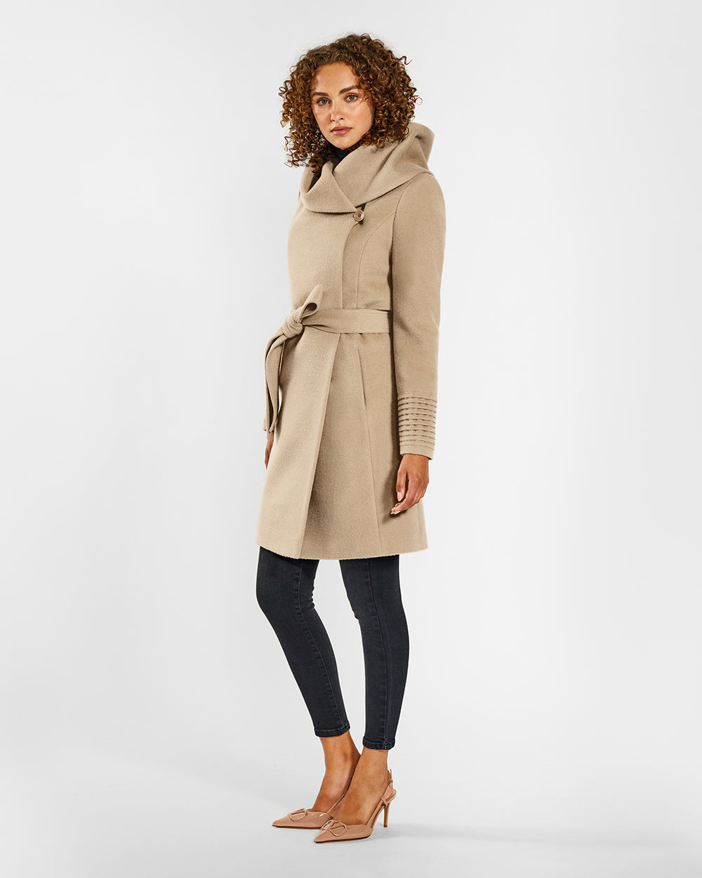 Sentaler Mid Length Hooded Wrap Camel Coat in Baby Alpaca wool. Seen from side belted on female model.