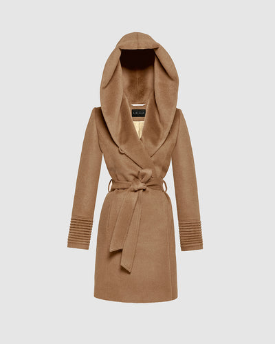 Sentaler Mid Length Hooded Wrap Dark Camel Coat in Baby Alpaca wool. Seen as belted off figure with hood.