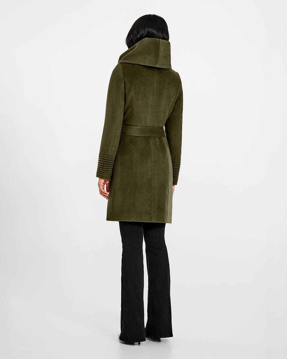 Sentaler Mid Length Hooded Wrap Olive Green Coat in Baby Alpaca wool. Seen from back belted on female model.