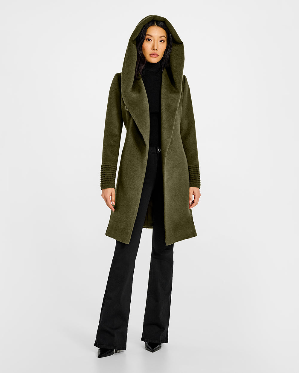 Sentaler Mid Length Hooded Wrap Olive Green Coat in Baby Alpaca wool. Seen from front open with hood on female model.