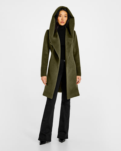 Sentaler Mid Length Hooded Wrap Olive Green Coat in Baby Alpaca wool. Seen from front open with hood on female model.