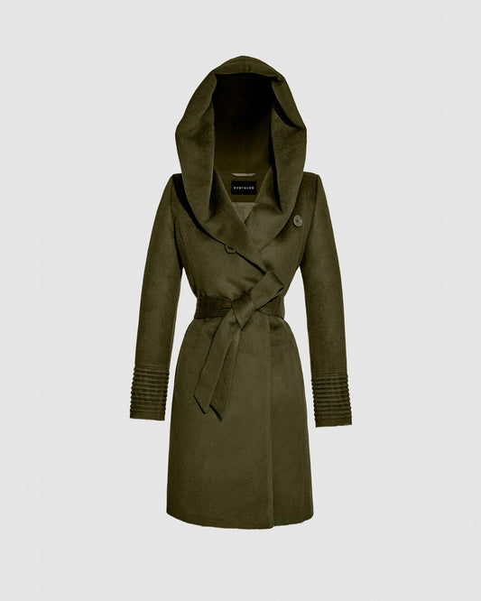 Sentaler mid length olive green coat made of baby alpaca wool with a hooded collar, belted.