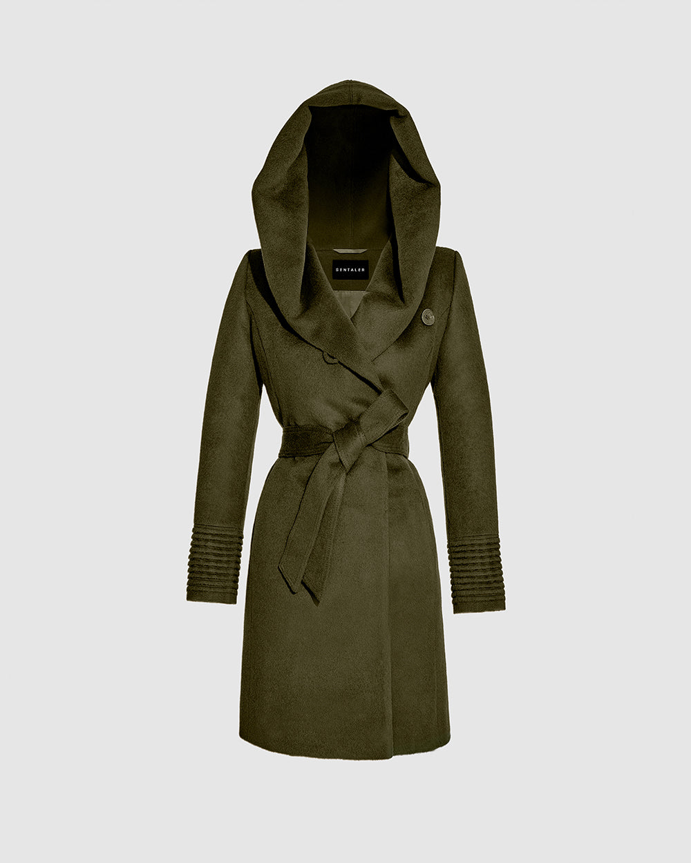 Sentaler Mid Length Hooded Wrap Olive Green Coat in Baby Alpaca wool. Seen as belted off figure with hood.