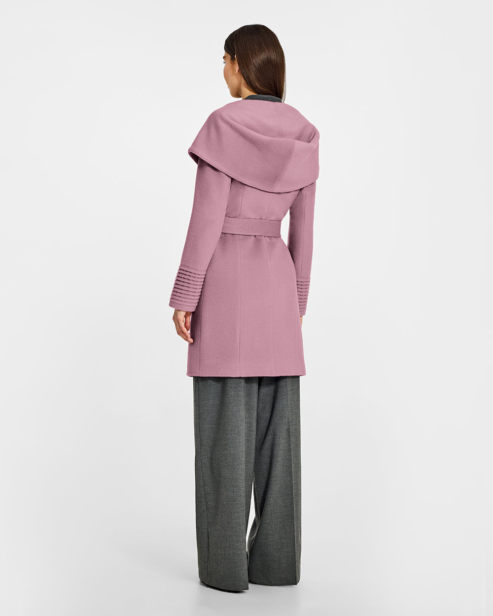 Sentaler Mid Length Hooded Wrap Peony Pink Coat in Baby Alpaca wool. Seen from back belted on female model.