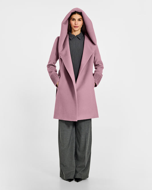 Sentaler Mid Length Hooded Wrap Peony Pink Coat in Baby Alpaca wool. Seen from front open with hood on female model.