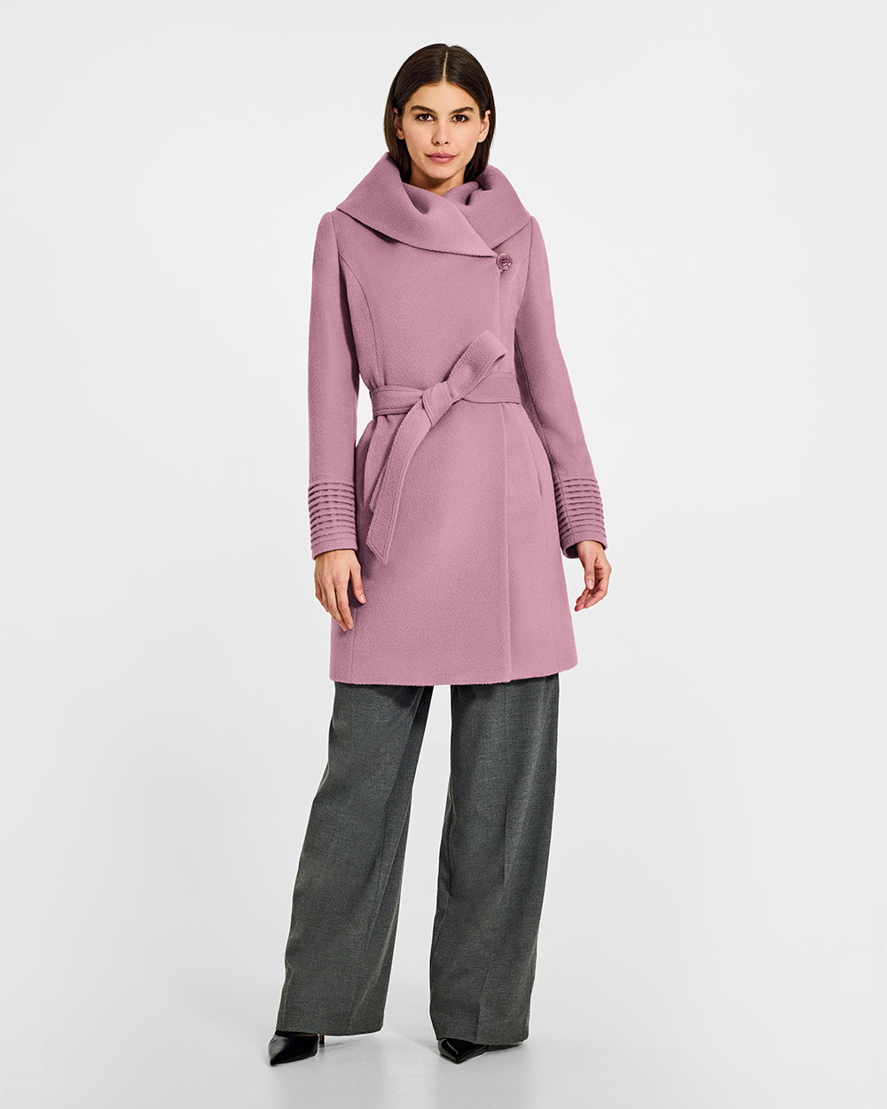 Sentaler Mid Length Hooded Wrap Peony Pink Coat in Baby Alpaca wool. Seen from front belted on female model.