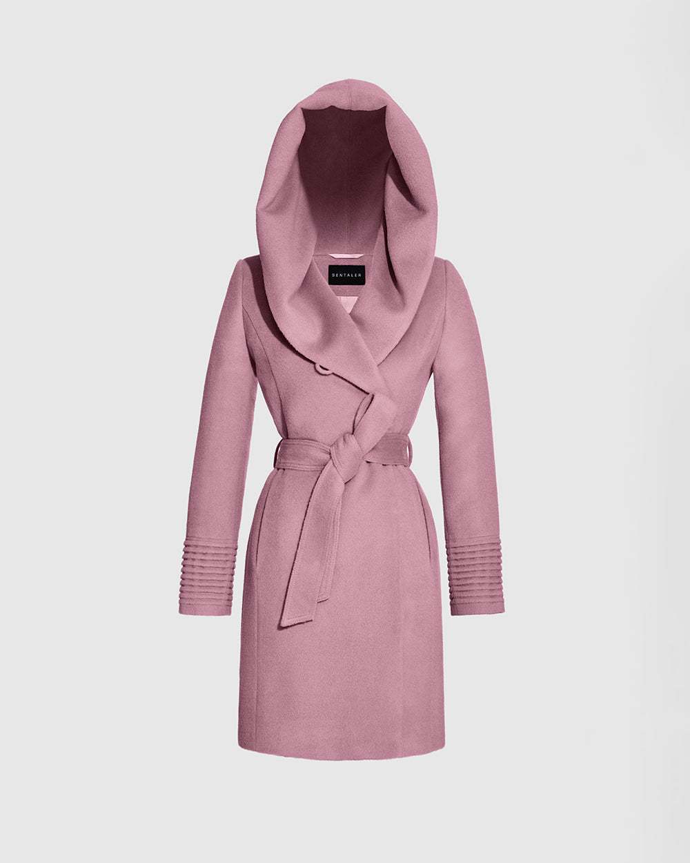 Sentaler Mid Length Hooded Wrap Peony Pink Coat in Baby Alpaca wool. Seen as belted off figure.