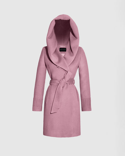 Sentaler Mid Length Hooded Wrap Peony Pink Coat in Baby Alpaca wool. Seen as belted off figure.